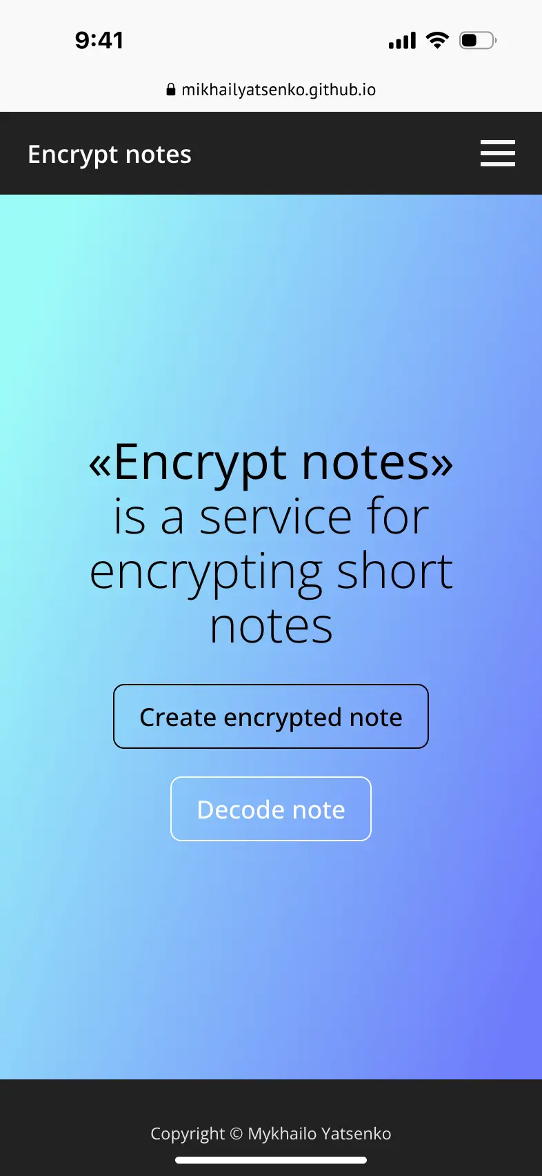 "Encrypt notes" - Short message encryption service